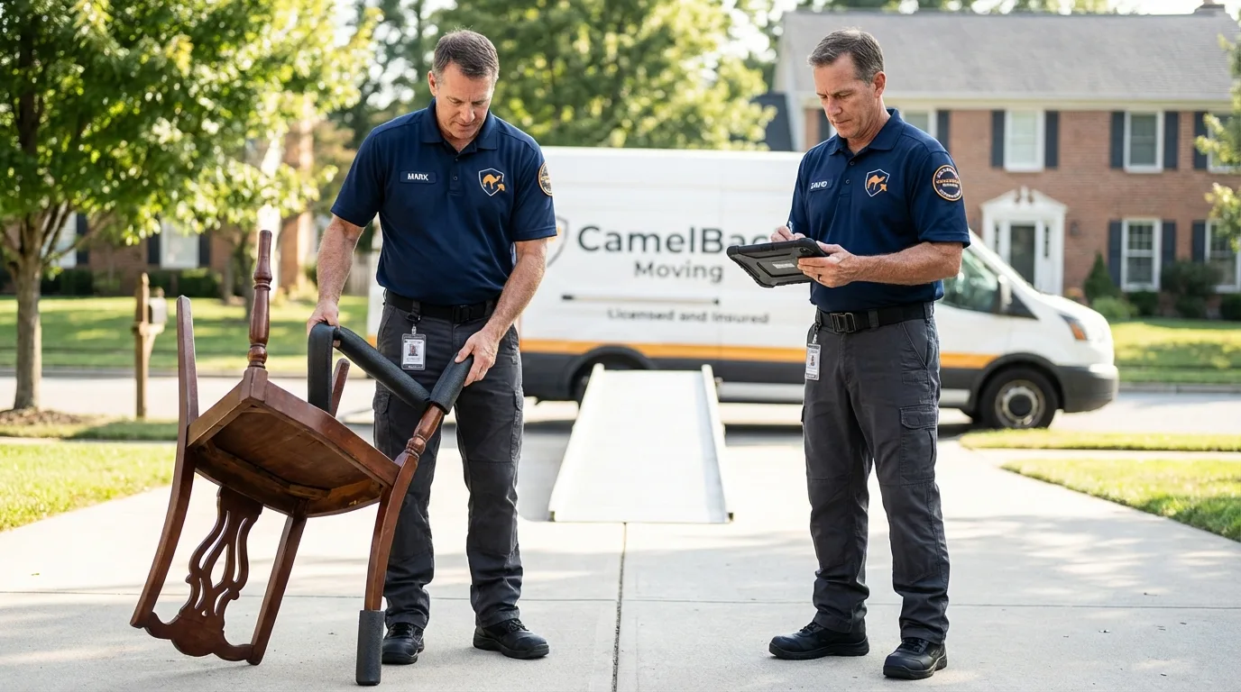Movers inspecting furniture for damage prevention before loading in Fort Kent, ME