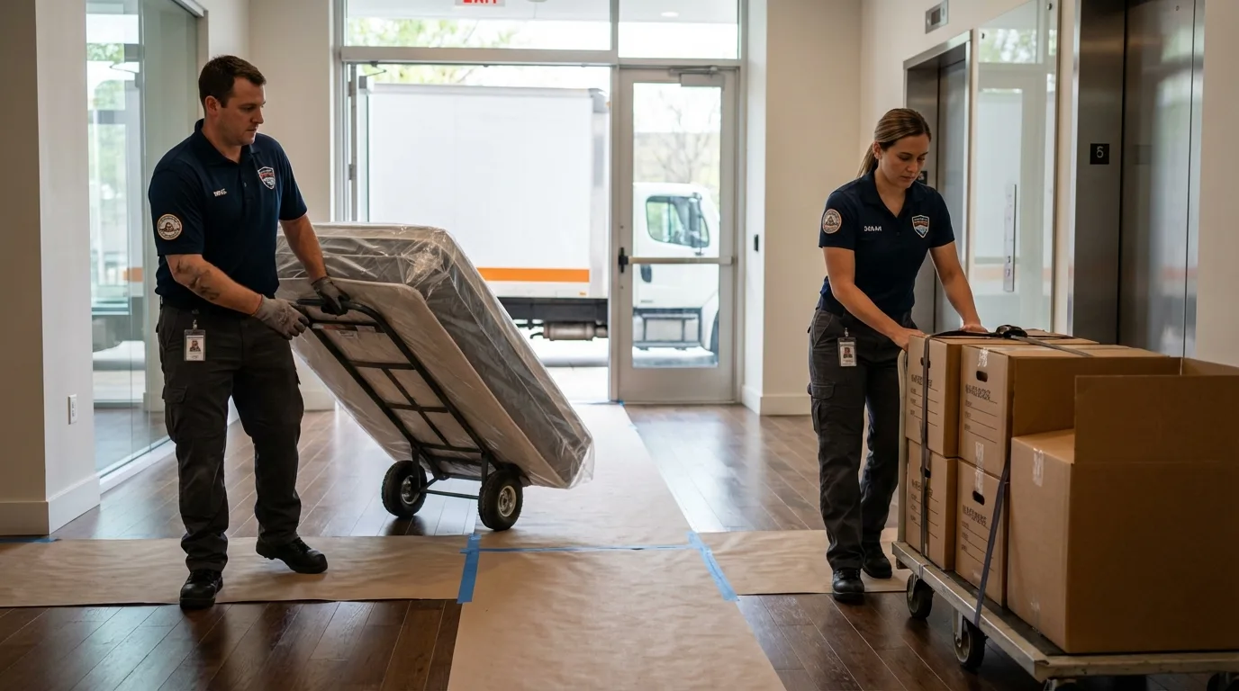 Professional apartment movers loading elevator in Fort Kent, ME