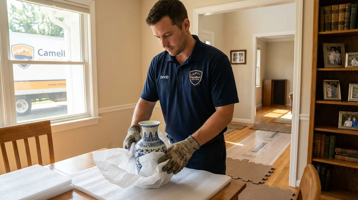 Professional crew carefully wrapping antique vase for senior downsizing move in Fort Kent, ME
