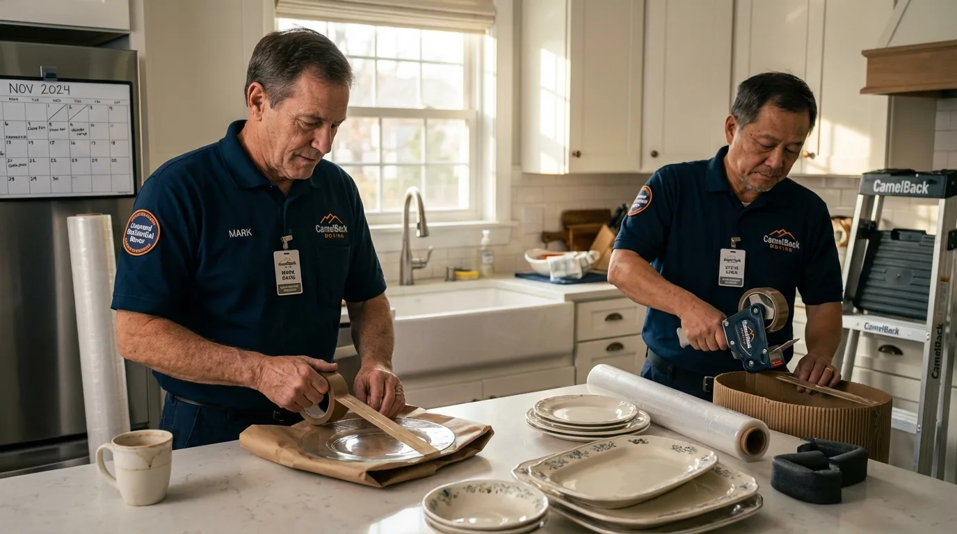 Professional crew packing kitchen dishware in Fort Kent, ME
